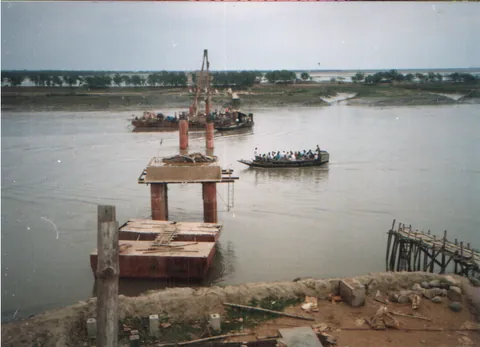 Bridge pier foundations under construction in a river